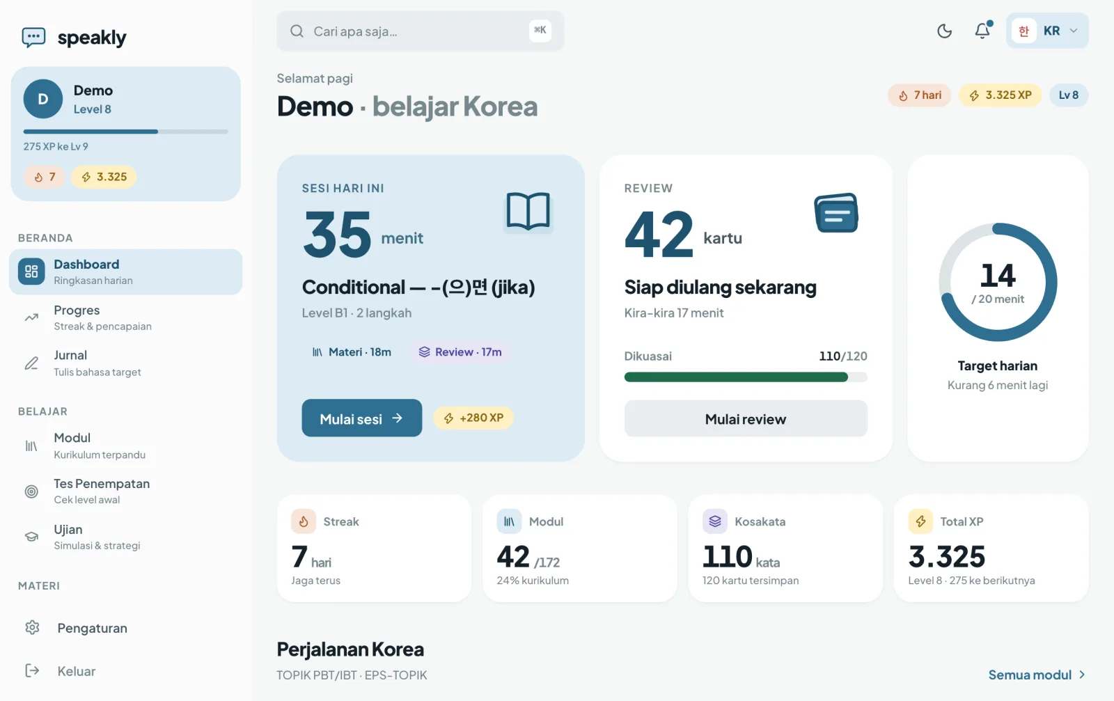 Dashboard Speakly: streak, target harian, dan sesi belajar hari ini.