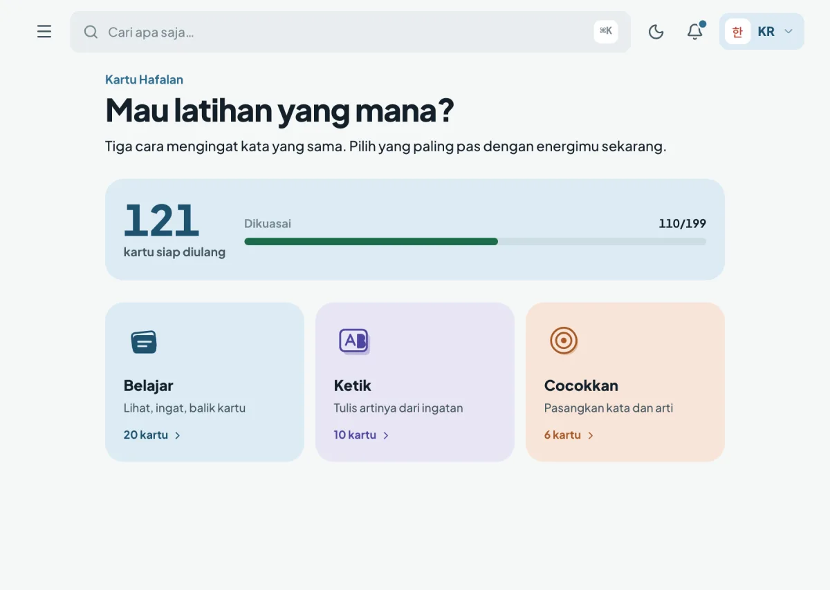 Kartu hafalan Speakly dengan tiga mode: belajar, ketik, dan cocokkan.