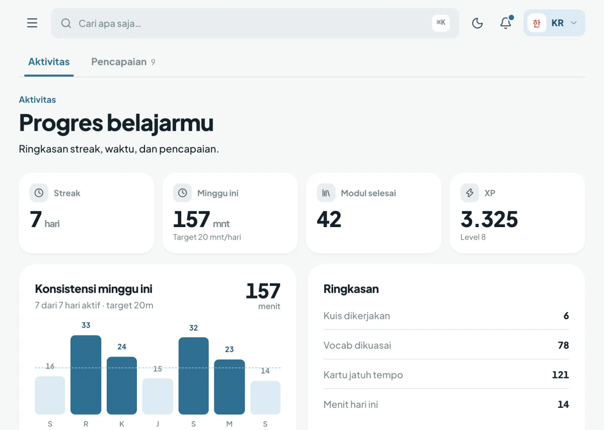 Halaman progres Speakly: streak, XP, level, dan pencapaian.